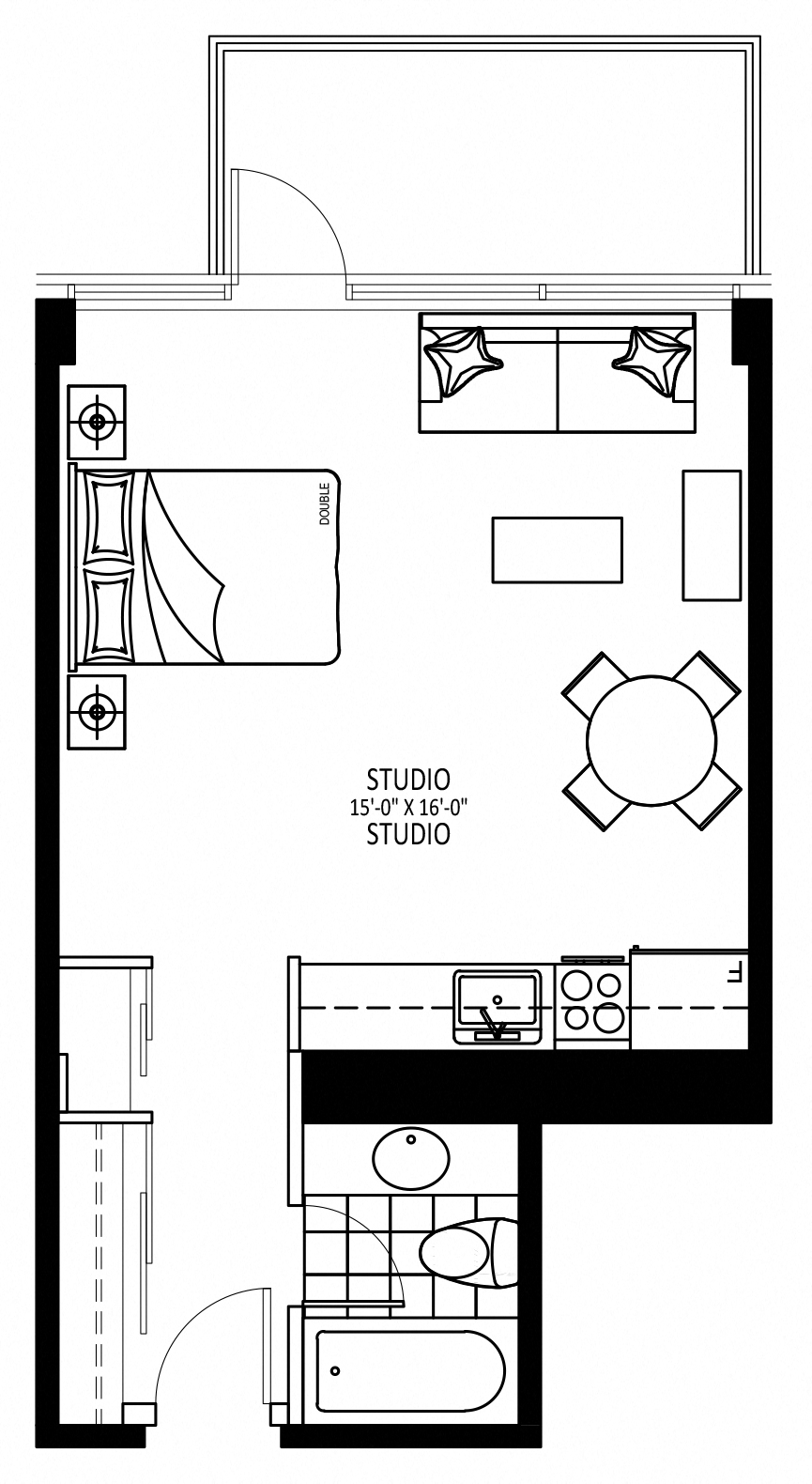 Floor plan for studio, 1 bath, 400 sqft
